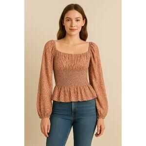 Shein Women's Floral Off the Shoulder Smocked Blouse Terracotta/White Size XS